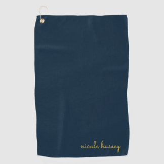 Toalla De Golf Azul Marino Dorado Script | Monograma Moderno Ele