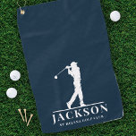 Toalla De Golf Azul Monogramado Golfer<br><div class="desc">Este diseño cuenta con un balancín de golf en un club y tiene dos campos de texto que se pueden usar para personalizarlo,  quizás con un nombre y un club de golf.</div>