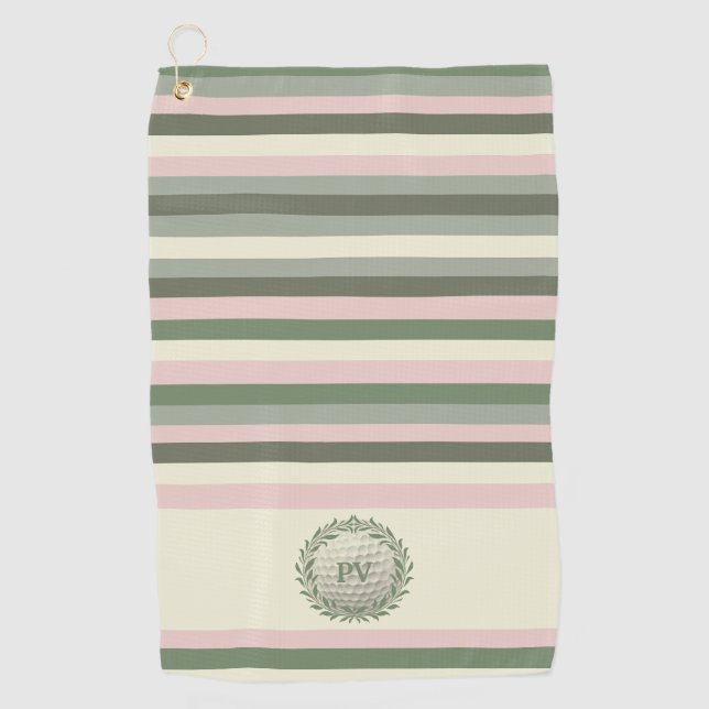 Toalla De Golf Banda verde rosa moderna monogramada (Anverso)