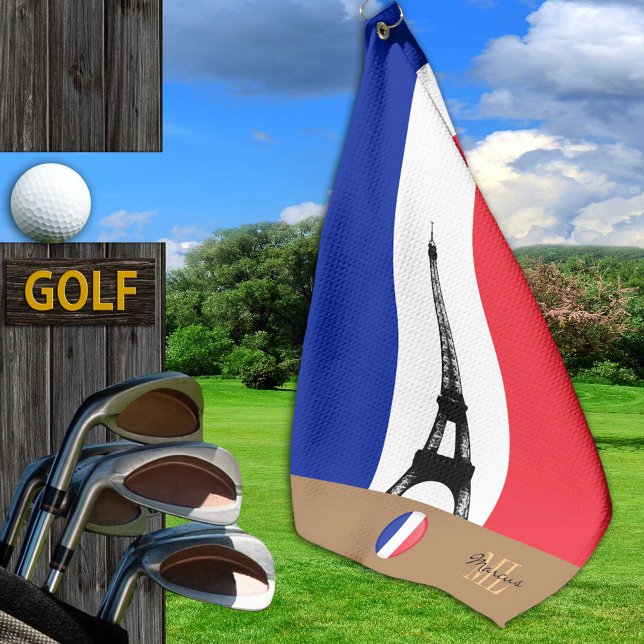 Toalla De Golf Bandera francesa y Eiffel, Francia monogramando go (Subido por el creador)