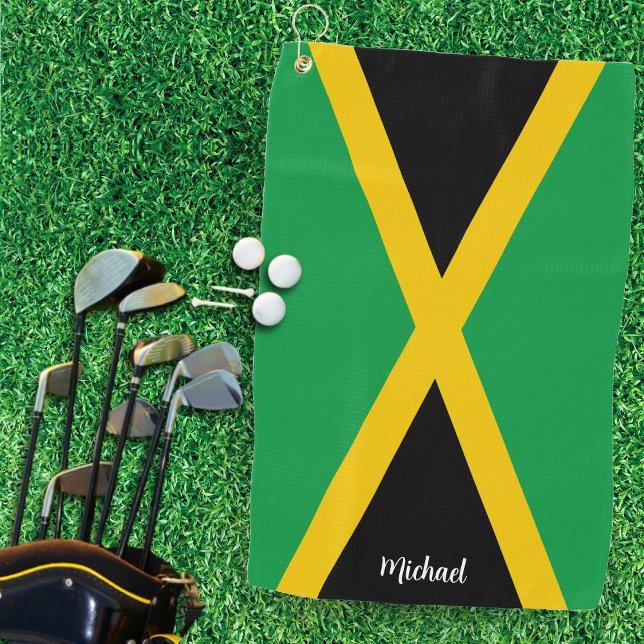 Toalla De Golf Bandera jamaiquina verde negra y dorada de Jamaica (Jamaica Green Black & Gold Jamaican Flag Golf Towel)