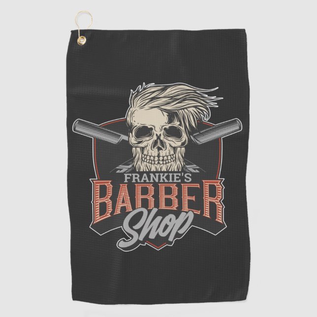 Toalla De Golf Barbería personalizada Hipster Skull y Razors (Anverso)