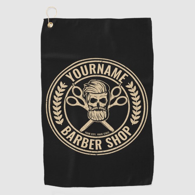 Toalla De Golf Barbería Personalizada Skull Rockabilly Salón   (Anverso)