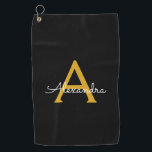 Toalla De Golf Black Gold Modern Script Girly Monograma Nombre<br><div class="desc">Toalla de golf Back and Gold Monogram Name. Esto hace que el dulce perfecto cumpleaños 16,  boda,  ducha de novia,  aniversario,  ducha de bebé o fiesta de soltera sea regalo para alguien que ama el lujo glam y los estilos de moda.</div>