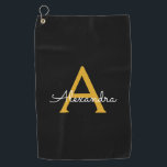 Toalla De Golf Black Gold Modern Script Girly Monograma Nombre<br><div class="desc">Toalla de golf Back and Gold Monogram Name. Esto hace que el dulce perfecto cumpleaños 16,  boda,  ducha de novia,  aniversario,  ducha de bebé o fiesta de soltera sea regalo para alguien que ama el lujo glam y los estilos de moda.</div>