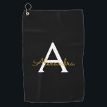 Toalla De Golf Black Gold Modern Script Girly Monograma Nombre<br><div class="desc">Toalla de golf Back and Gold Monogram Name. Esto hace que el dulce perfecto cumpleaños 16,  boda,  ducha de novia,  aniversario,  ducha de bebé o fiesta de soltera sea regalo para alguien que ama el lujo glam y los estilos de moda.</div>