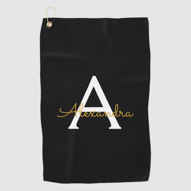 Toalla De Golf Black Gold Modern Script Girly Monograma Nombre (Anverso)