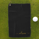 Toalla De Golf Black Gold Modern Script Girly Monograma Nombre<br><div class="desc">Toalla de golf Back and Gold Monogram Name. Esto hace que el dulce perfecto cumpleaños 16,  boda,  ducha de novia,  aniversario,  ducha de bebé o fiesta de soltera sea regalo para alguien que ama el lujo glam y los estilos de moda.</div>