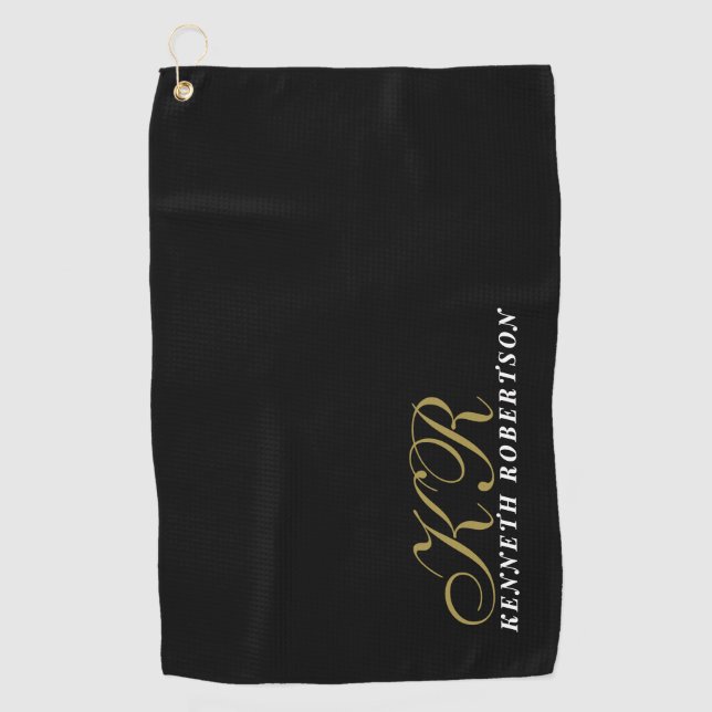 Toalla De Golf Black Monogram Gold White Name Minimalist Men  (Anverso)