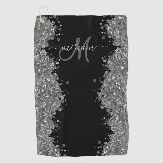 Toalla De Golf Black Silver Glitter Grey Modern Monogram (Anverso)