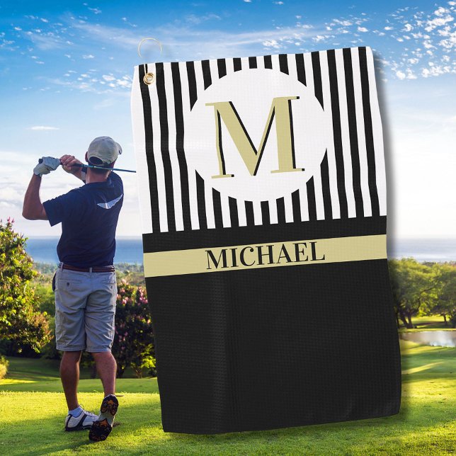 Toalla De Golf Black White Stripes Monograma Nombre (Subido por el creador)