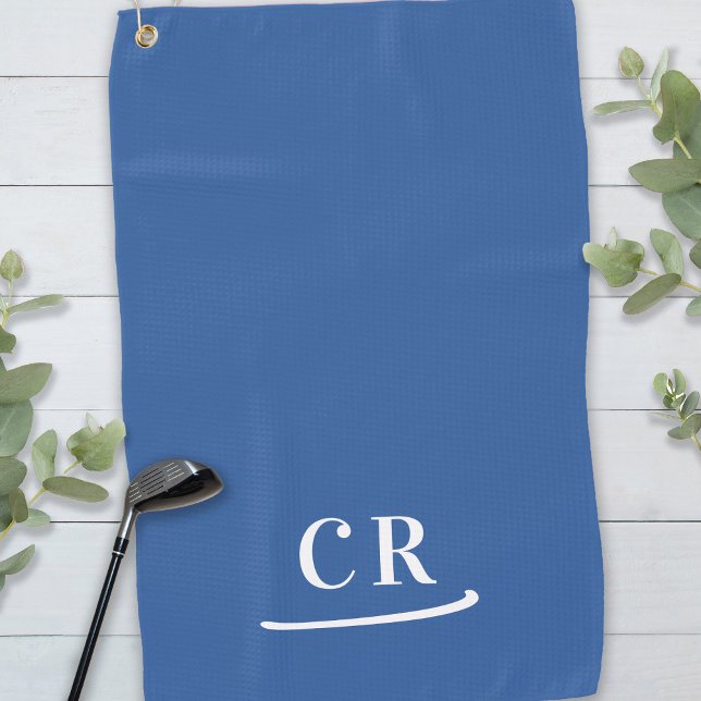 Toalla De Golf Blanco azul moderno monogramado simple (Simple Monogrammed Modern Modern Blue White Golf Towel)