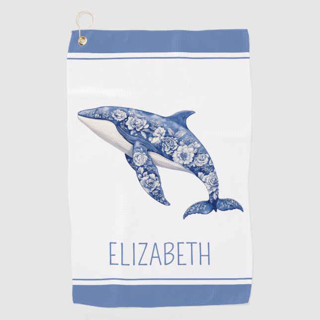 Toalla De Golf Blue Toile Floral Beach Dolphin Personalizado (Anverso)