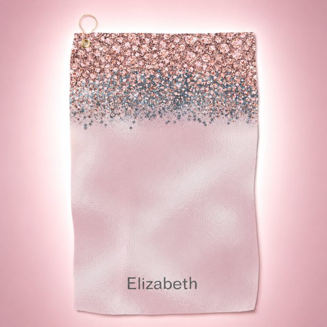 Toalla De Golf Blush Rosa Personalizado con Joyas (Glam pink faux jeweled flat design patterned personalized golf towel for women)