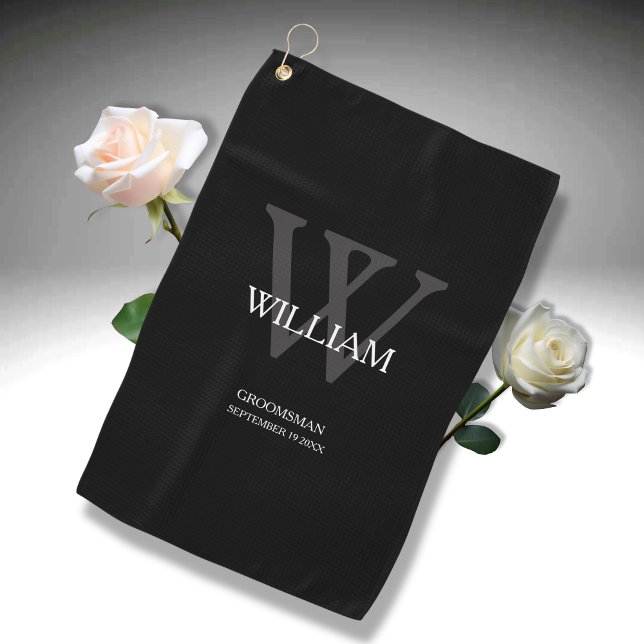 Toalla De Golf Boda Groomsman Regalo Elegante Monograma Guay Negr (He will love it!)