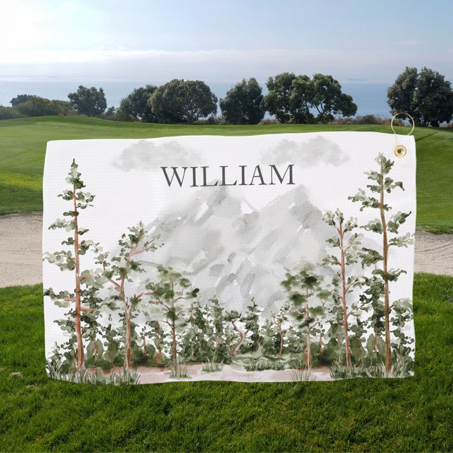 Toalla De Golf Bosque y Montaña de Acuarela Monogramada (In situ)