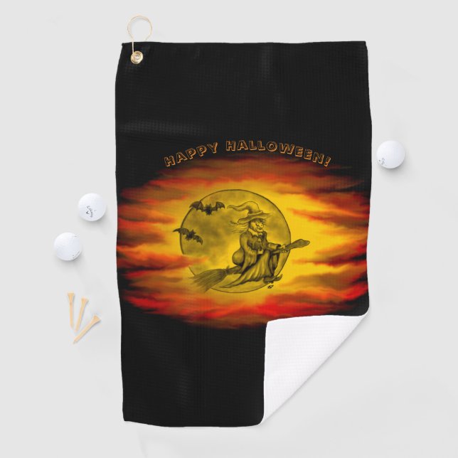 Toalla De Golf Bruja voladora con gato negro, noche de halloween (In situ)
