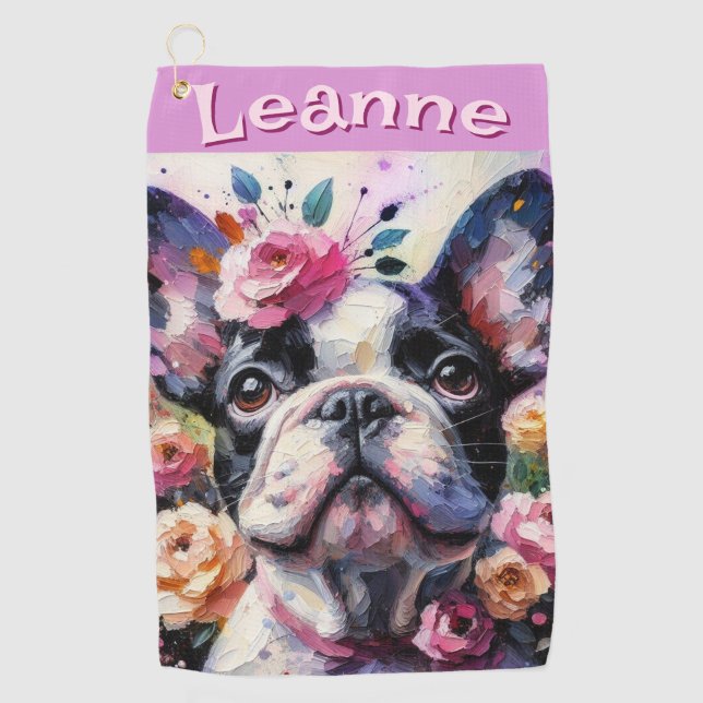 Toalla De Golf Bulldog francés con Rosas floral personalizado (Anverso)
