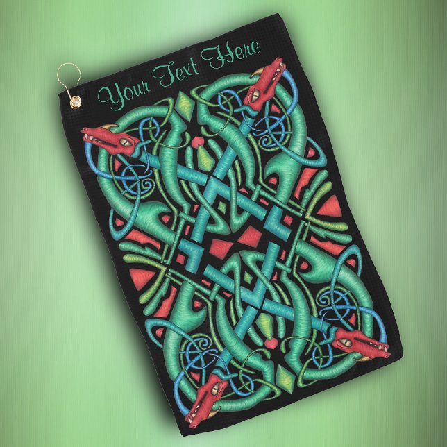 Toalla De Golf Cabeza Dragón del Celta Irlandés Complejo Knot Gre (Complex Irish Celtic Knot greens blue red dragon heads on black golf towel.)