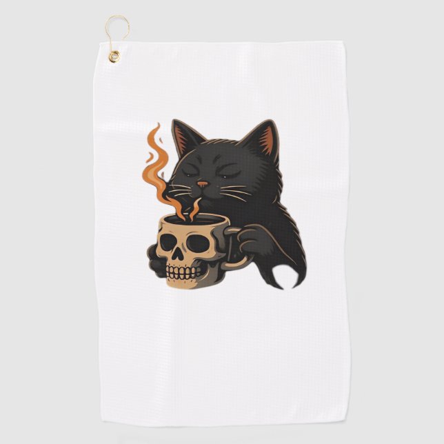 Toalla De Golf Café Gato Oscuro Con Mug De Calavera Sobredimensio (Anverso)