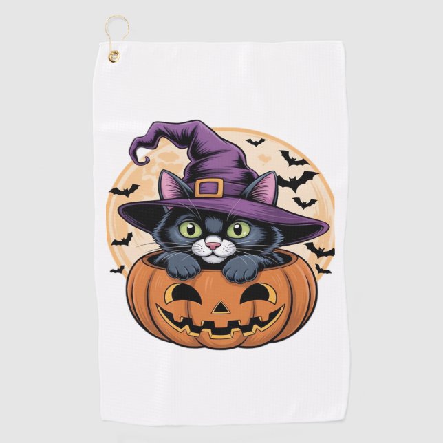 Toalla De Golf Calabaza de Halloween Gato negro camiseta sobredim (Anverso)