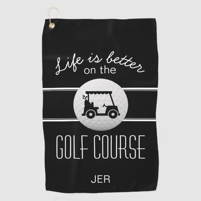 Toalla De Golf Carro de golf Golfer Life Iniciales Blanco negro c (Anverso)