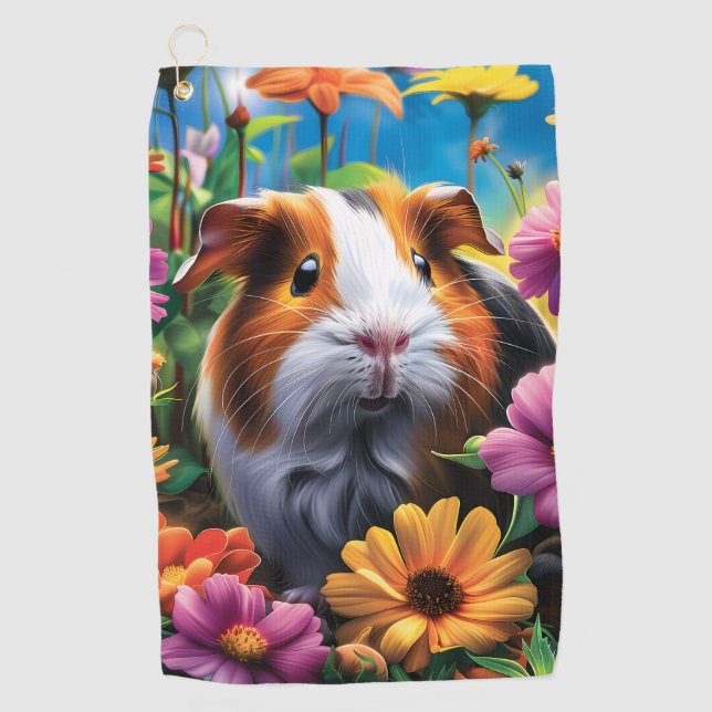 Toalla De Golf Cerdo guineano entre flores vibrantes (Anverso)