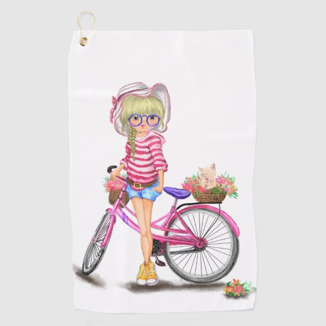 Toalla de golf Chica con bicicleta rosa (Anverso)