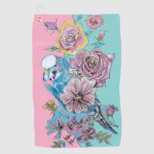 Toalla De Golf Chicas florales Blue Budgie Watercolor Pink
