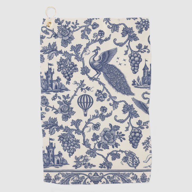 Toalla de golf Chinoiserie Peacock & Balloon (Anverso)