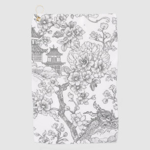 Toalla De Golf Chinoiserie Toile Dragón Flor de Cerezo Ornamental