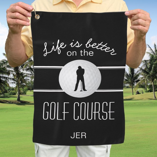 Toalla De Golf Cita de golfista profesional monograma negro y bla (Modern Golfer Pro Quote Men's Monogrammed Black White Golf Towel)