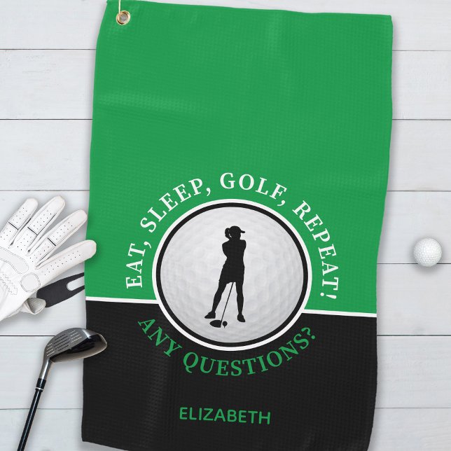 Toalla De Golf Cita del balón de golf Golfer Lady Silhouette Blac (Golfer Lady Silhouette Golf Ball Quote, "Eat, Sleep, Golf, Repeat!.." Black Green Golf Towel For Her)