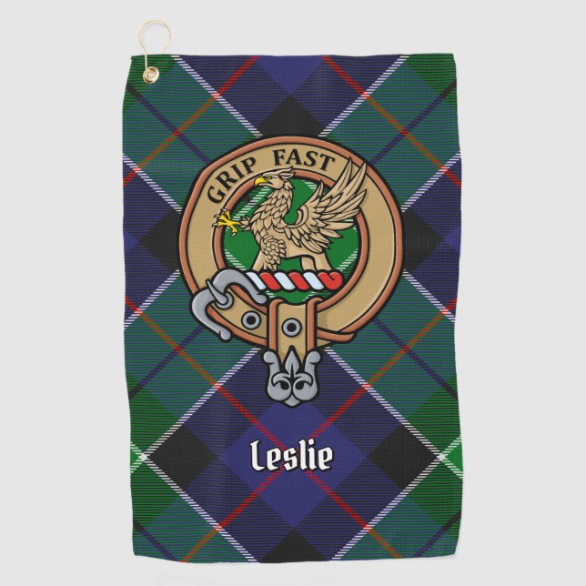 Toalla De Golf Clan Leslie Escudo sobre la caza de tartán (Anverso)