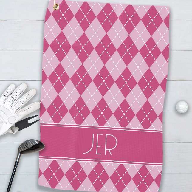 Toalla De Golf Clásico con iniciales de monograma personalizadas  (Pink Argyle Plaid Custom Monogram Initials Classic Golf Towel)