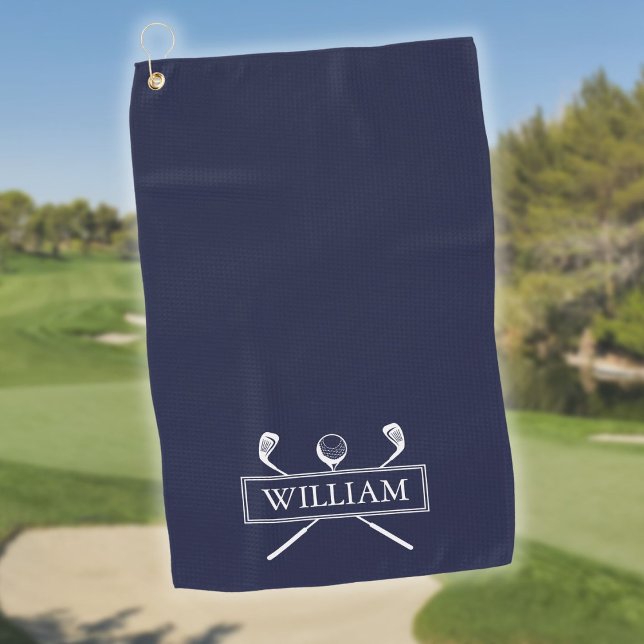 Toalla De Golf Club De Golf Azul De La Marina Y Nombre Personaliz (Navy Blue Golf Clubs And Ball Personalized Name Golf Towel)