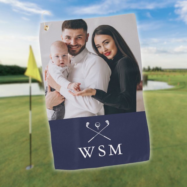 Toalla De Golf Club de golf de Monograma Azul Blanco Azul (Navy Blue White Classic Monogram Photo Golf Clubs Golf Towel)