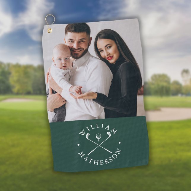 Toalla De Golf Clubes de nombre de foto personalizada Bola Esmera (Custom Photo Name Clubs Ball Emerald Green White Golf Towel)