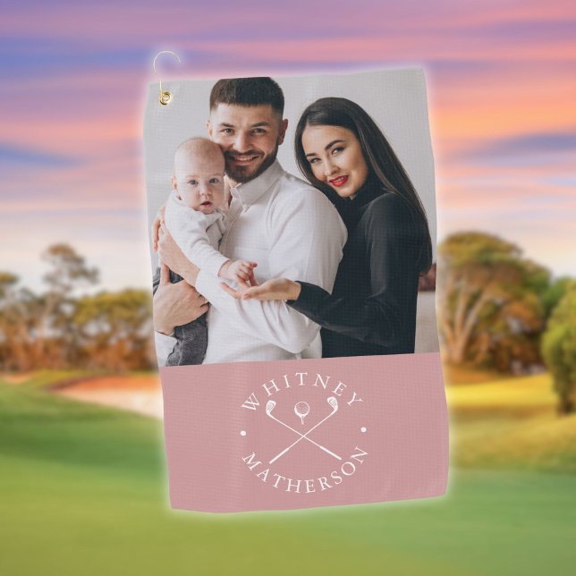 Toalla De Golf Clubes de nombre de foto personalizada y bola rosa (Custom Photo Name Clubs And Ball Dusty Rose White Golf Towel)
