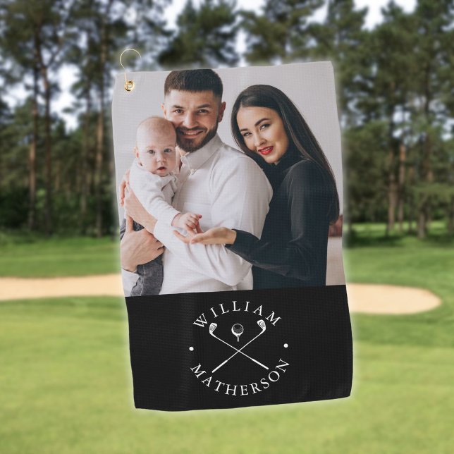 Toalla De Golf Clubes De Nombre Fotográfico personalizado Y Bolas (Custom Photo Name Clubs And Ball Black And White Golf Towel)