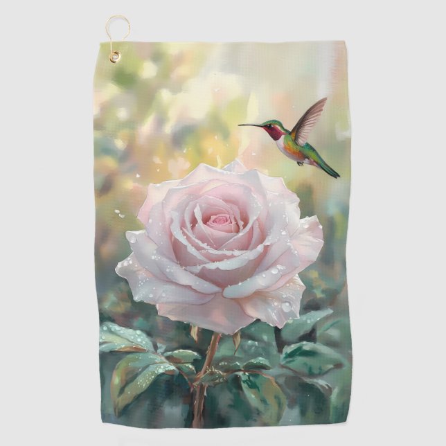 Toalla De Golf Colibrí acuarela y rosa rosa (Anverso)