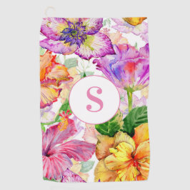 Toalla de golf con monograma floral rosa púrpura a