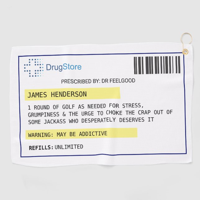 Toalla de golf con receta médica personalizada (Horizontal)