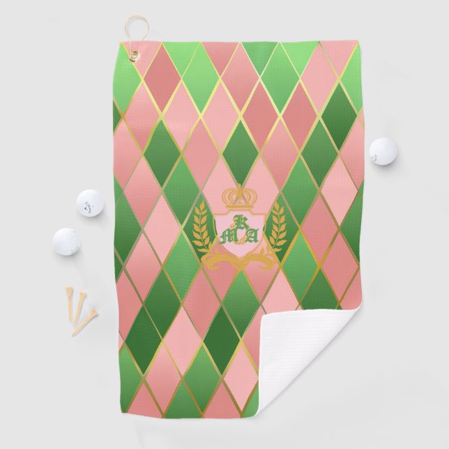 Toalla de Golf Cuadrada Rosa Verde Monograma Crest (In situ)
