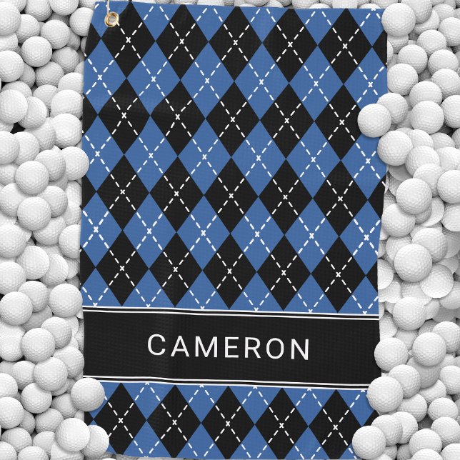 Toalla De Golf Cuadros Argyle Personalizados Nombre Negro Azul (Argyle Plaid Custom Create Name Black Blue Golf Towel)