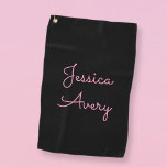 Toalla De Golf Cualquier nombre | Guay Editable Pink Script on Bl<br><div class="desc">Su nombre o cualquier otro texto con un estilo de escritura elegante.</div>