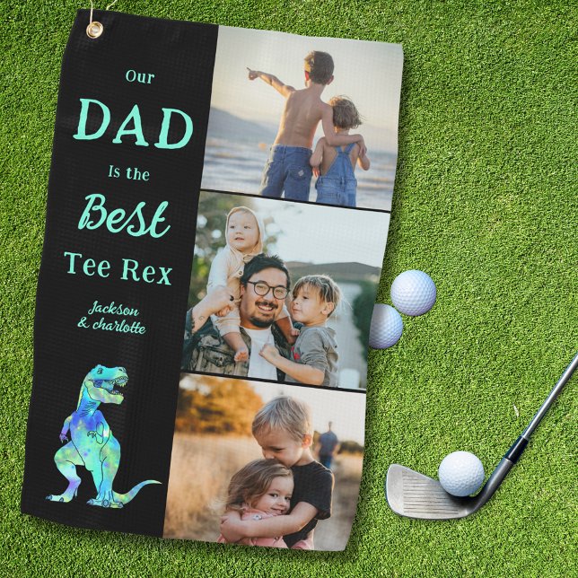 Toalla De Golf Dad is the Best Tee Rex 3 Photo Funny  (Our dad is the best tee Rex custom 3 photo kids names funny dinosaur golfing joke golf towel for dad)