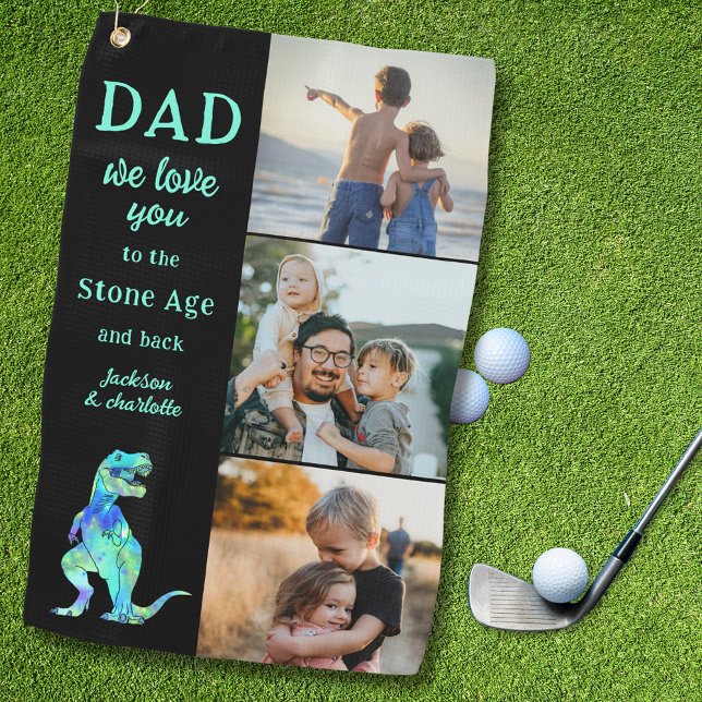 Toalla De Golf Dad We Love You 3 Photo Collage Funny  (Dad we love you to the Stone Age and back funny dinosaur custom 3 photo collage kids name golf towel)
