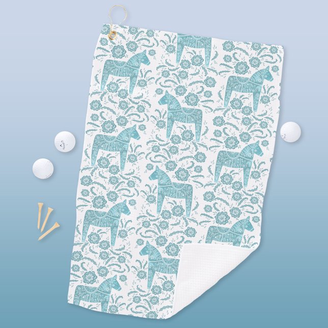 Toalla de golf Dala Hípica Verde Verde azulada (Swedish Dala Horse teal green and white folk art golf towel)