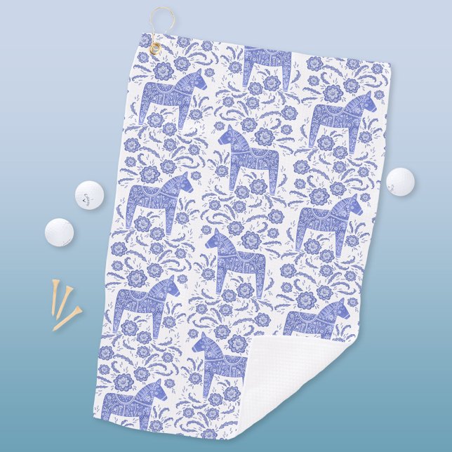 Toalla de golf Dala Horse Indigo Blue Folk Art (Swedish Dala Horse blue and white pattern golf towel)